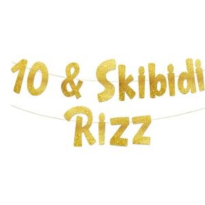10 & Skibidi Rizz Gold Glitter Birthday Banner 10th Birthday Party Decor 3.6ft